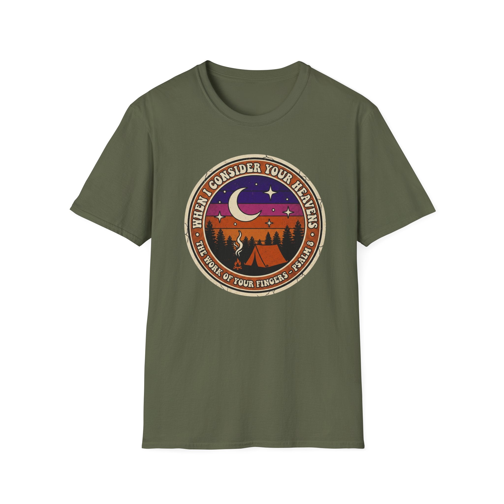Camping Badge T-Shirt — "When I Consider Your Heavens" Retro Moon & Tent Tee