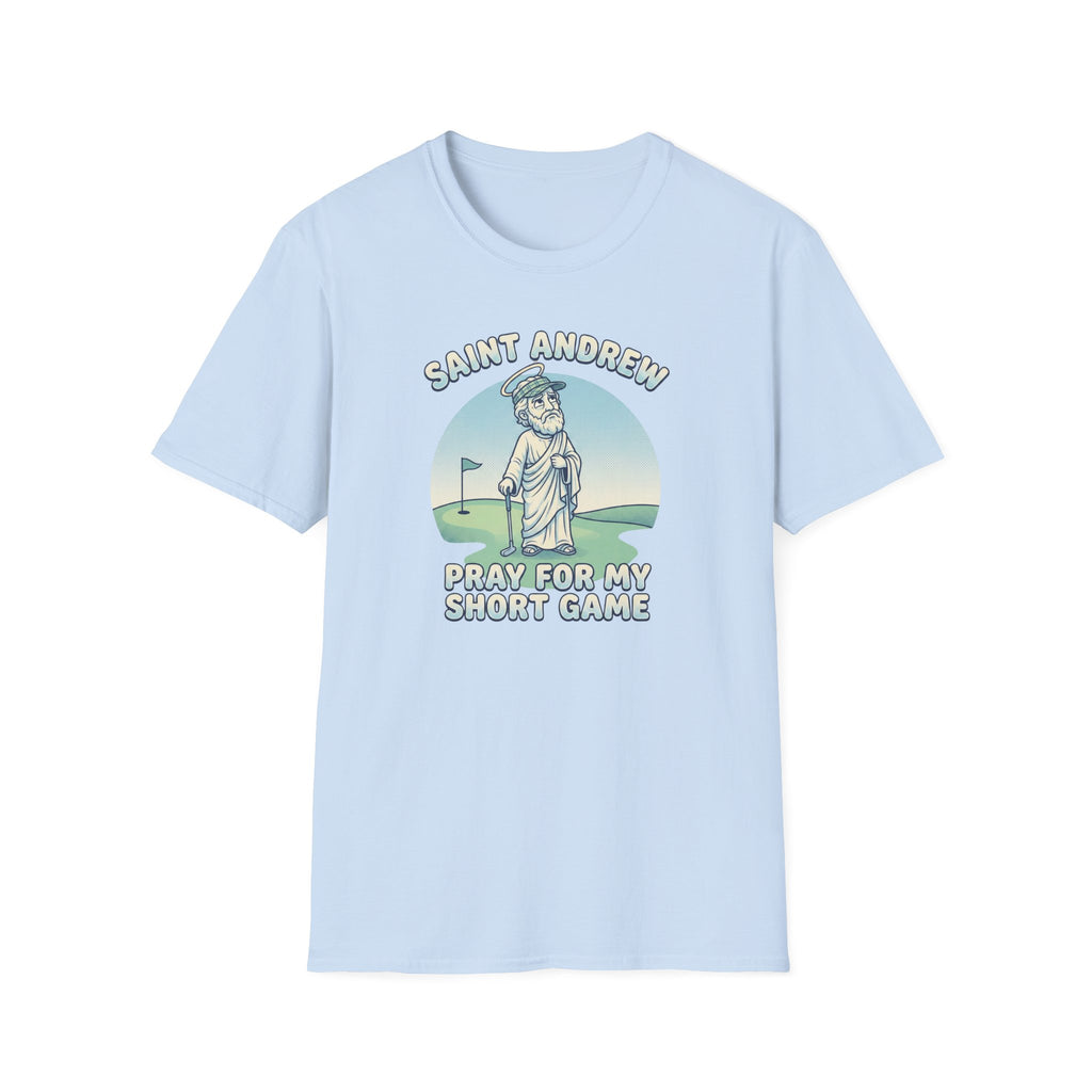 Saint Andrew Golf T-Shirt – “Pray For My Short Game” Golf Humor Tee