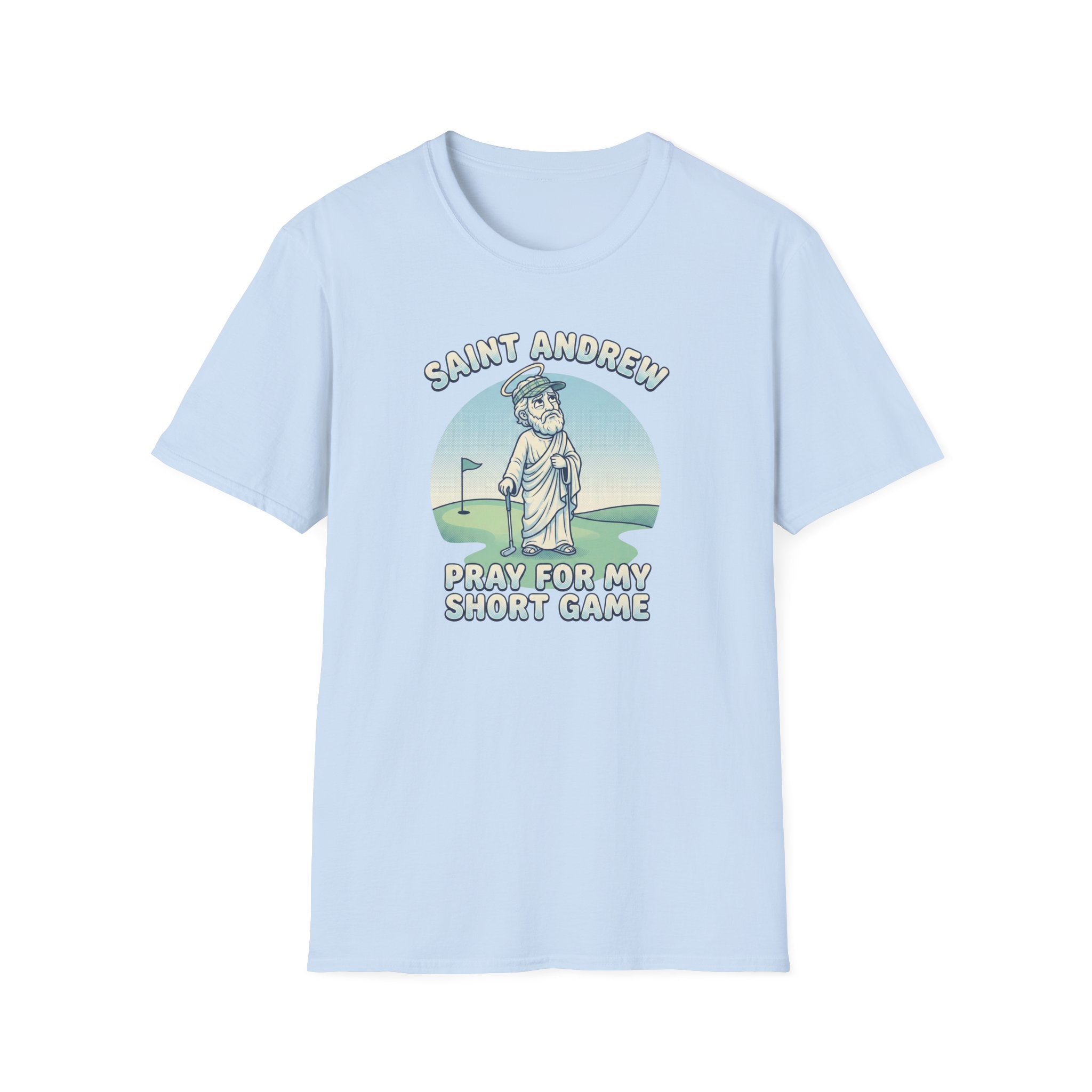 Saint Andrew Golf T-Shirt – “Pray For My Short Game” Golf Humor Tee