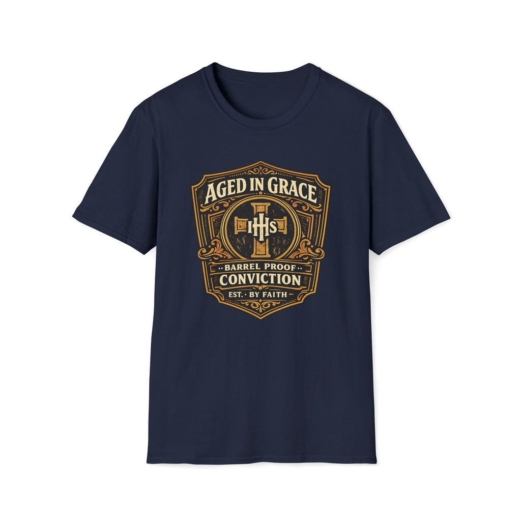 Aged In Grace T-Shirt — 'Aged In Grace: Barrel Proof Conviction' Christian Faith Tee