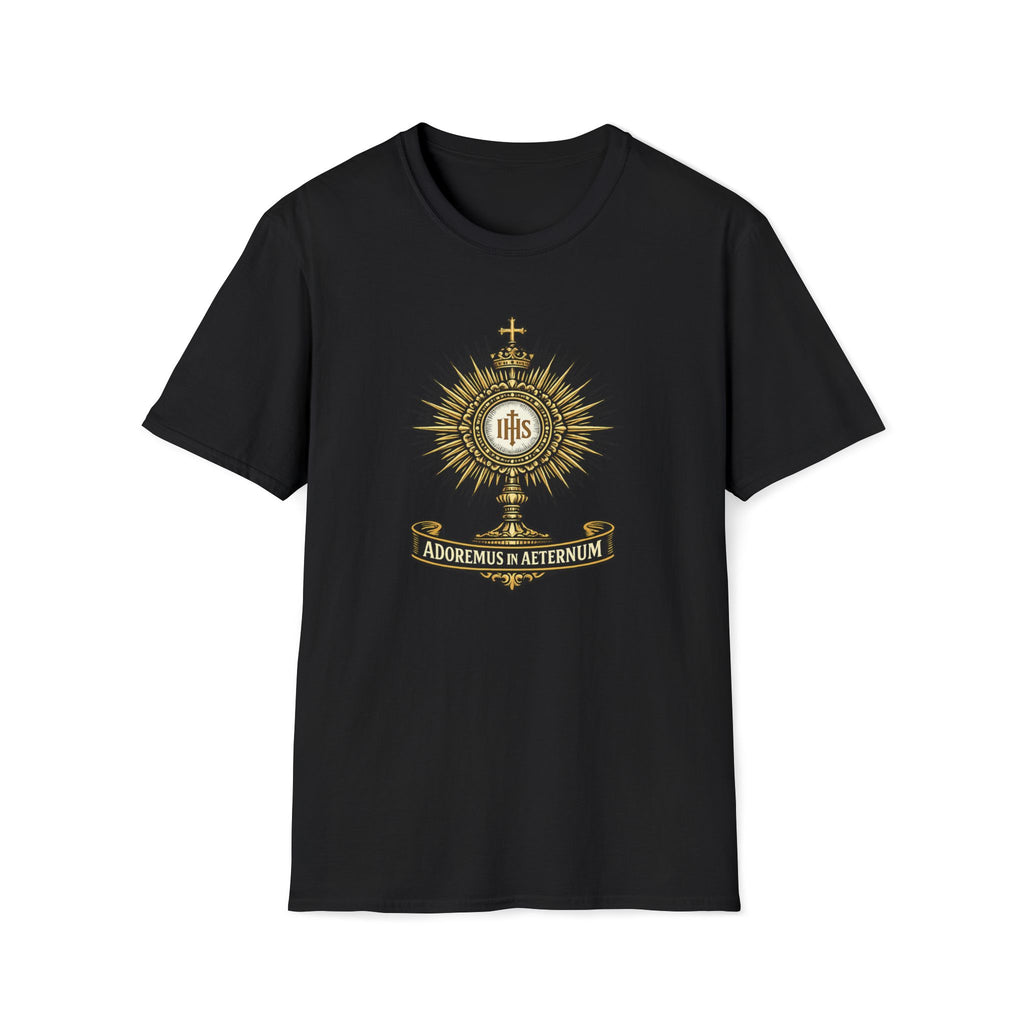 Religious Monstrance T-Shirt — “Adoremus in Aeternum” Catholic Eucharist Tee