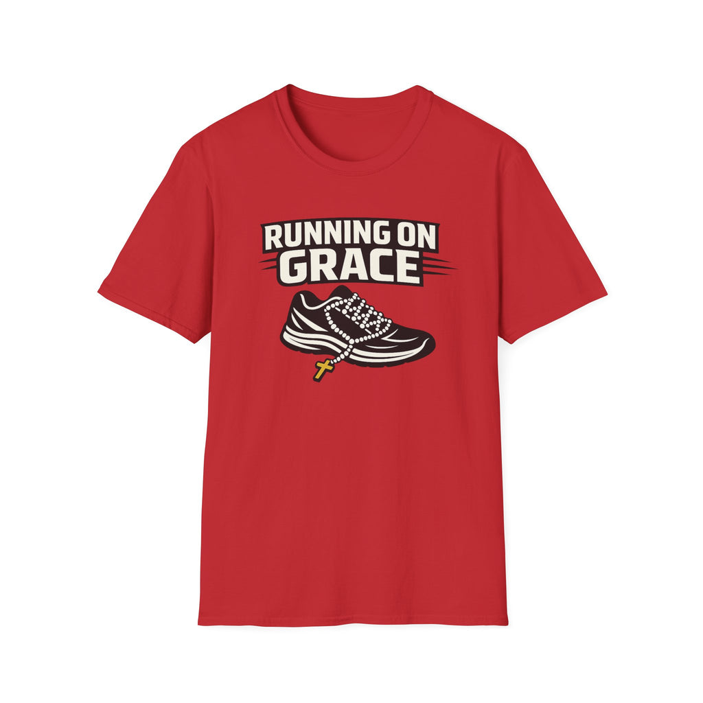 Running On Grace T-Shirt — Christian Running Tee with Sneaker & Cross