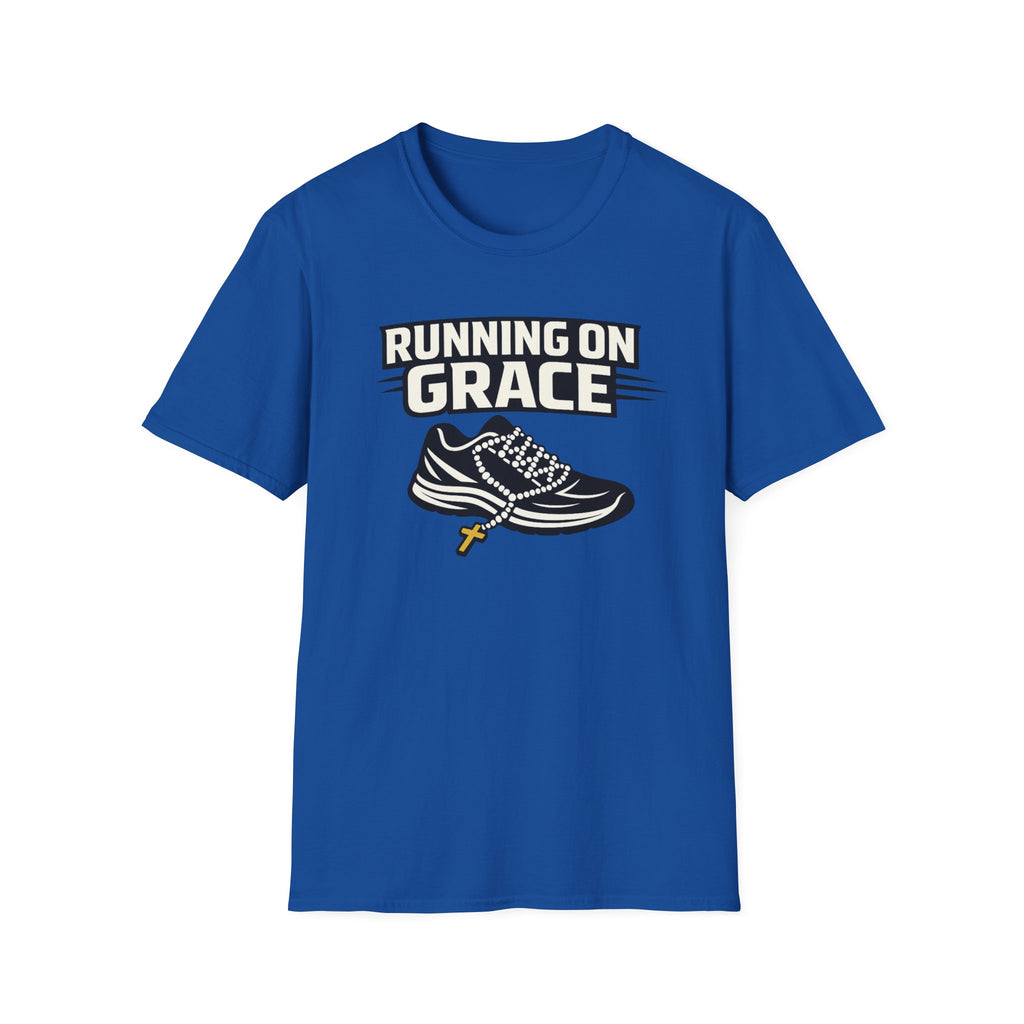 Running On Grace T-Shirt — Christian Running Tee with Sneaker & Cross