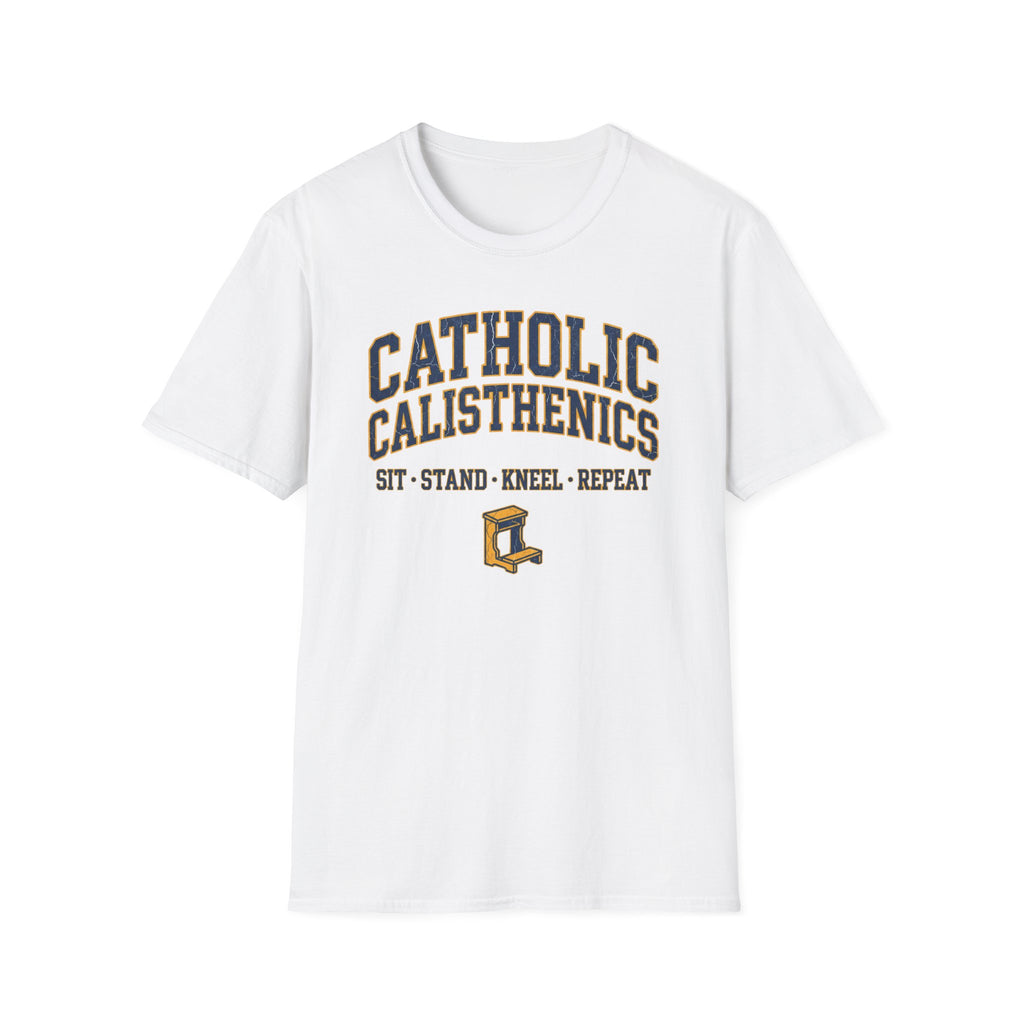 Catholic Calisthenics T-Shirt — "Sit • Stand • Kneel • Repeat" Prayer Bench Tee