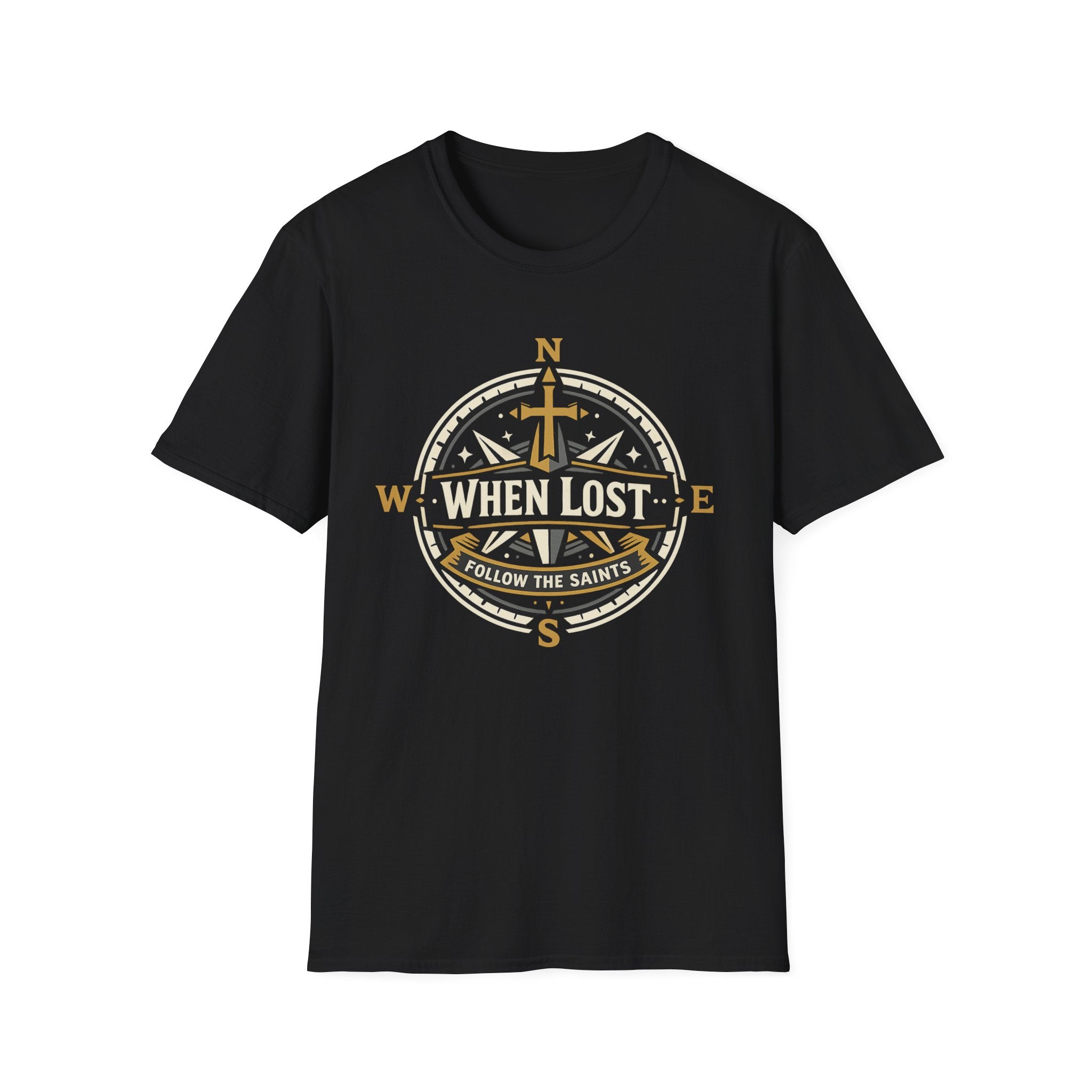 When Lost Compass T-Shirt — "When Lost Follow the Saints" Christian Compass Tee