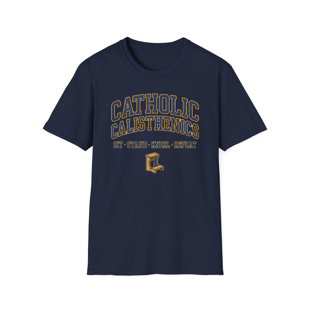 Catholic Calisthenics T-Shirt — "Sit • Stand • Kneel • Repeat" Prayer Bench Tee
