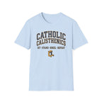 Catholic Calisthenics T-Shirt — "Sit • Stand • Kneel • Repeat" Prayer Bench Tee