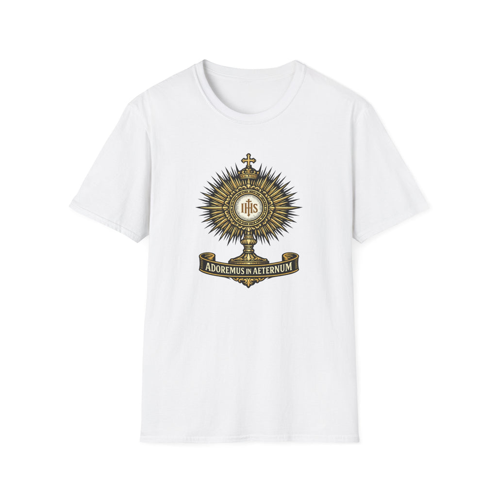 Religious Monstrance T-Shirt — “Adoremus in Aeternum” Catholic Eucharist Tee