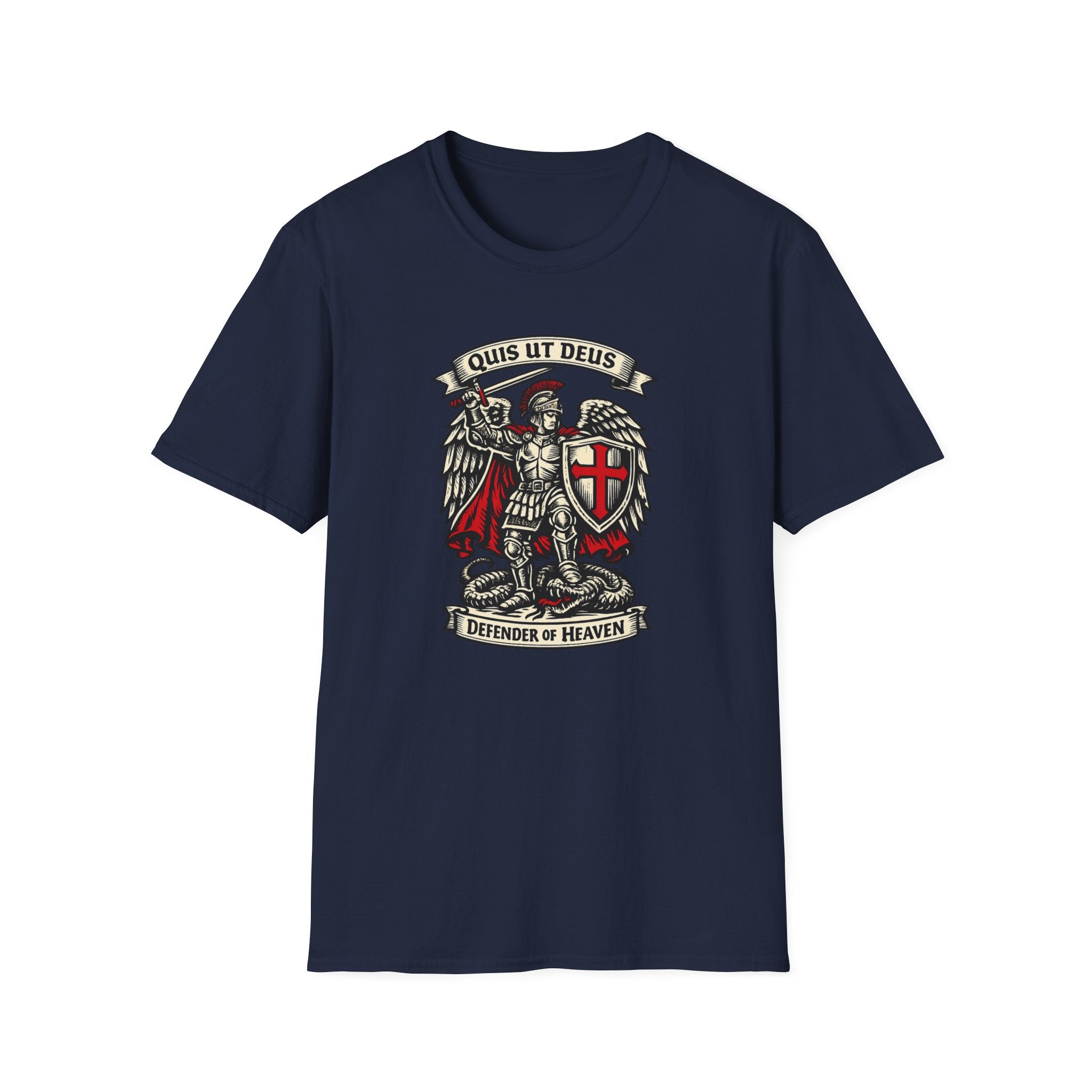 Saint Michael 'Quis Ut Deus' T-Shirt — Defender of Heaven Shield Graphic Tee