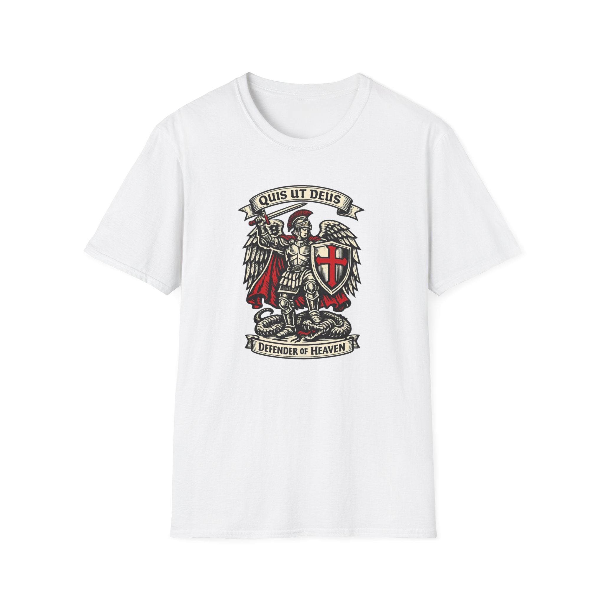 Saint Michael 'Quis Ut Deus' T-Shirt — Defender of Heaven Shield Graphic Tee
