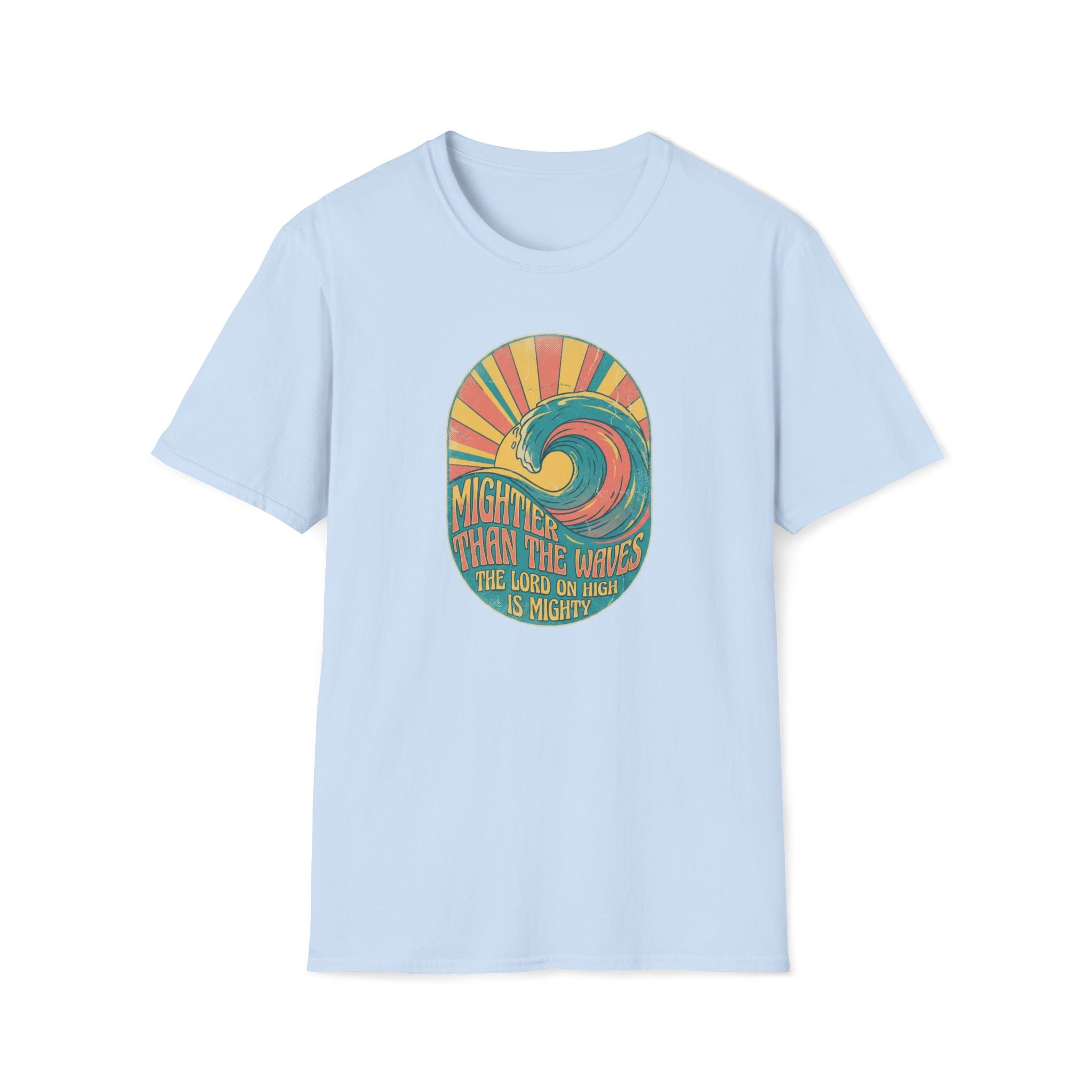 T-Shirt — "Mightier Than the Waves" Vintage Surf Sunset Tee