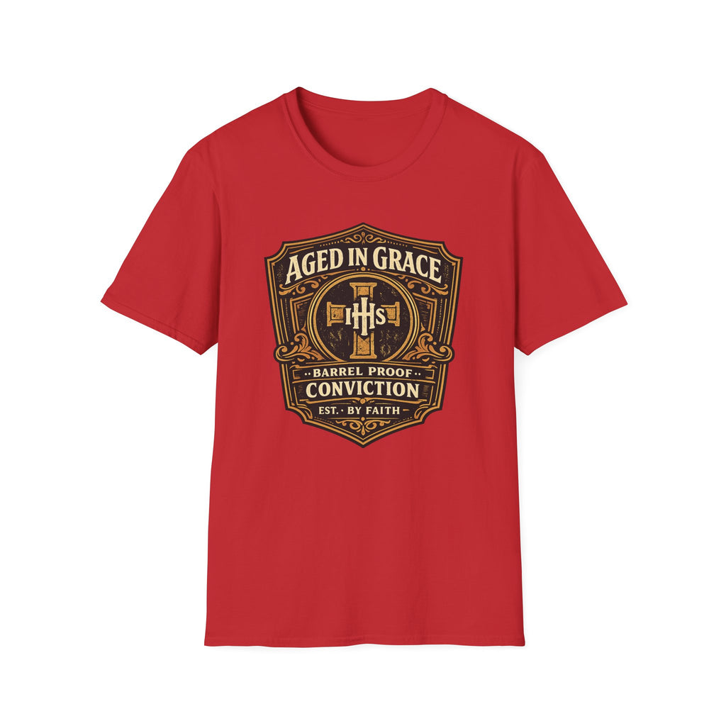 Aged In Grace T-Shirt — 'Aged In Grace: Barrel Proof Conviction' Christian Faith Tee